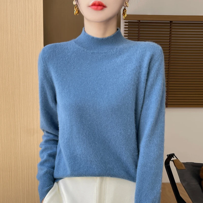 New Spring Autumn 100%Merino Wool Sweater Women Half high collar Long Sleeve Pullover Solid Color Knitwear Clothing Tops Fashion