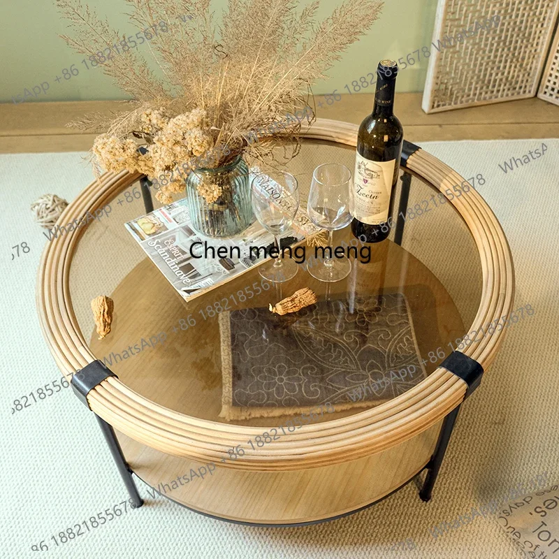 

Tempered glass wrought iron round living room sofa front household small tea table log wabi sabi H