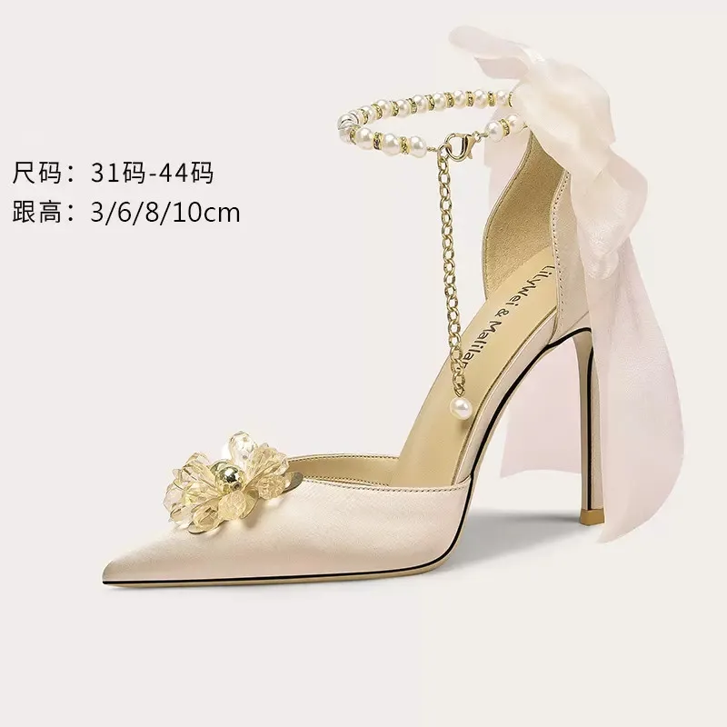 Spring and Summer Pointed Silk Face Crystal Pearl Ribbon Bow Sandals Slim High Heel Party Dress Large and Small Women's Single S