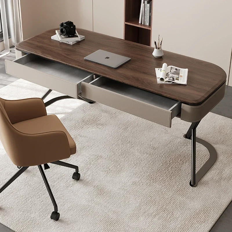 

Nordic Solid Wood Computer Desk Italian Minimalist Living Room Large Long Table Study Saddle Leather Mesa Office Furniture Wall