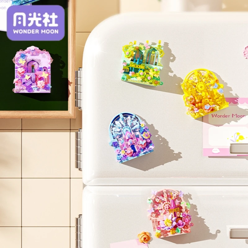 WONDER MOON ดอกไม้บล็อกอาคารสถาปัตยกรรม Series ฉากศิลปะประกอบตู้เย็นแม่เหล็กดอกไม้นิรันดร์ชุดเครื่องประดับของขวัญ