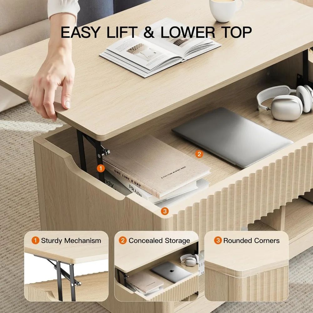 Meja Kopi Amada Atas Angkat Bergalur, Meja Kayu 35,2" dengan Rak Penyimpanan & Kompartemen Tersembunyi, Meja Tengah Persegi Panjang Modern