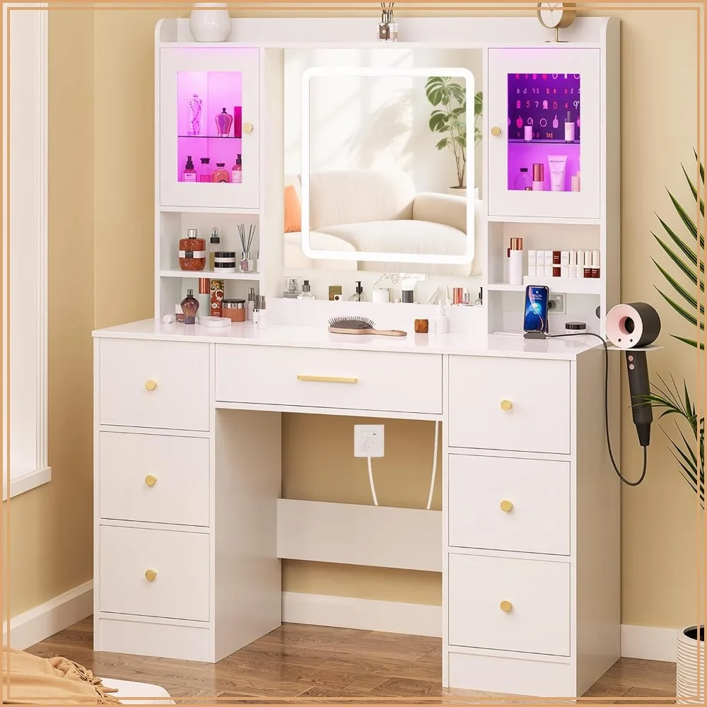 White Makeup Vanity Desk with LED Mirror, 7 Drawers, Power Outlet, RGB Cabinets, Dressing Table