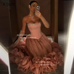 Xijun Pink Luxury Evening Dresses Sleeveless 3D Flowers Ruched Prom Dresses Crystal A-Line Saudi Arabric Prom Gowns Customized