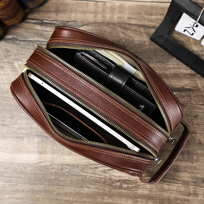 CONTACT\'S Genuine Leather Clutch Bags for Men Retro Double Locks Luxury Designer Men Clutches Wallet Zipper Casual Male Handbags