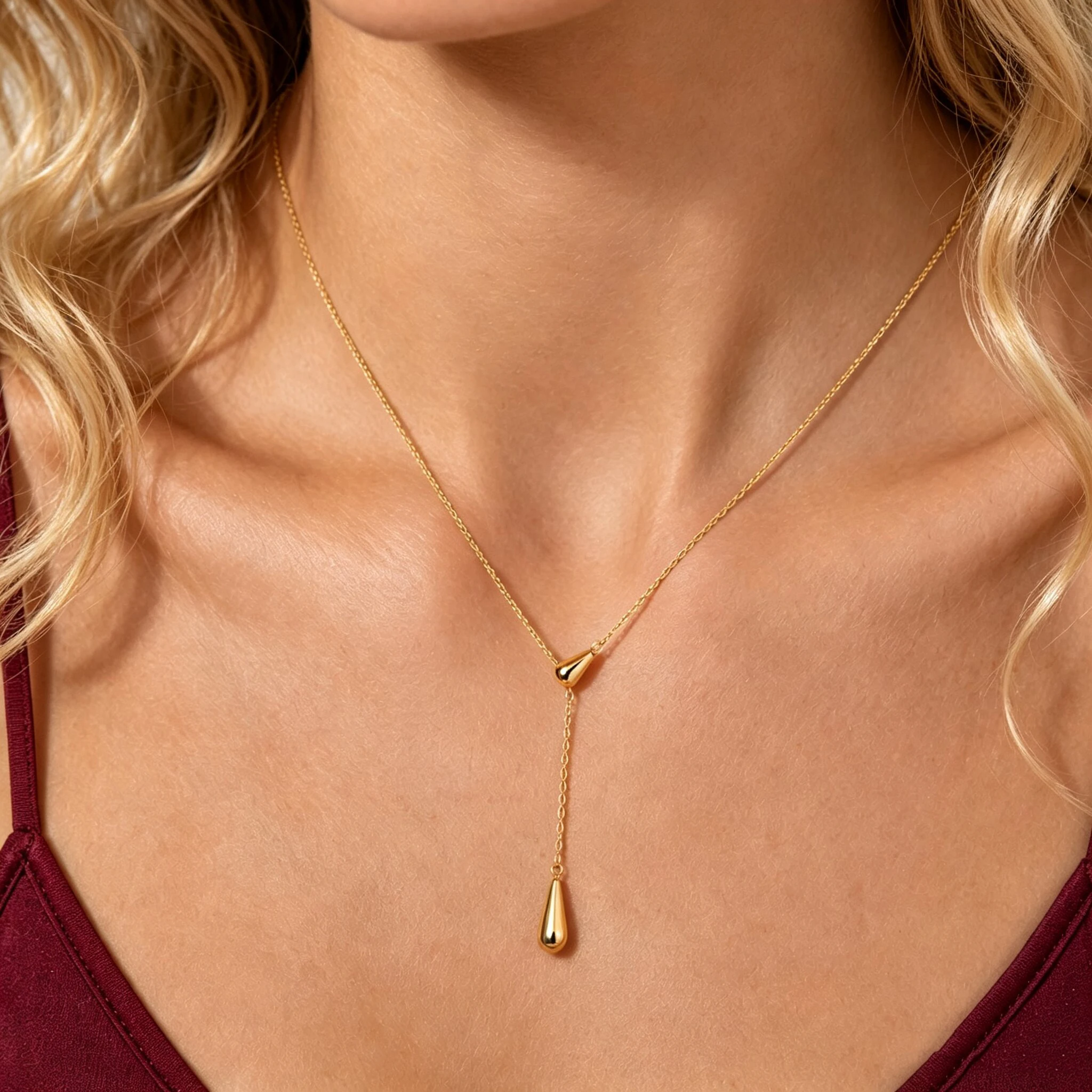 Stainless Steel Pull Adjustable Double Water Drop Shape Tassel Charm Necklaces for Women Fashion Jewelry Gifts Wholesale