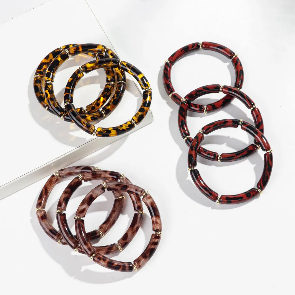 3Pcs Colorful Leopard Thin Bamboo Curved Tube Bracelets for Women Boho Resin Stretchy Stack Bangles Set Trendy Jewelry Gifts