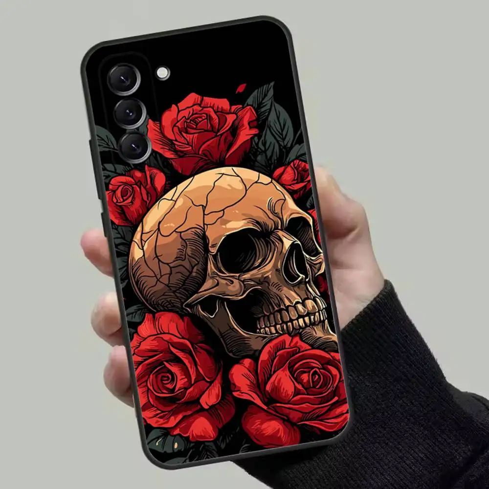 الجمجمة الأزهار الكرتون حالة الهاتف لسامسونج غالاكسي A13، A21s، A22، A31، A32، A52، A53، A71، A80، غلاف أسود ناعم