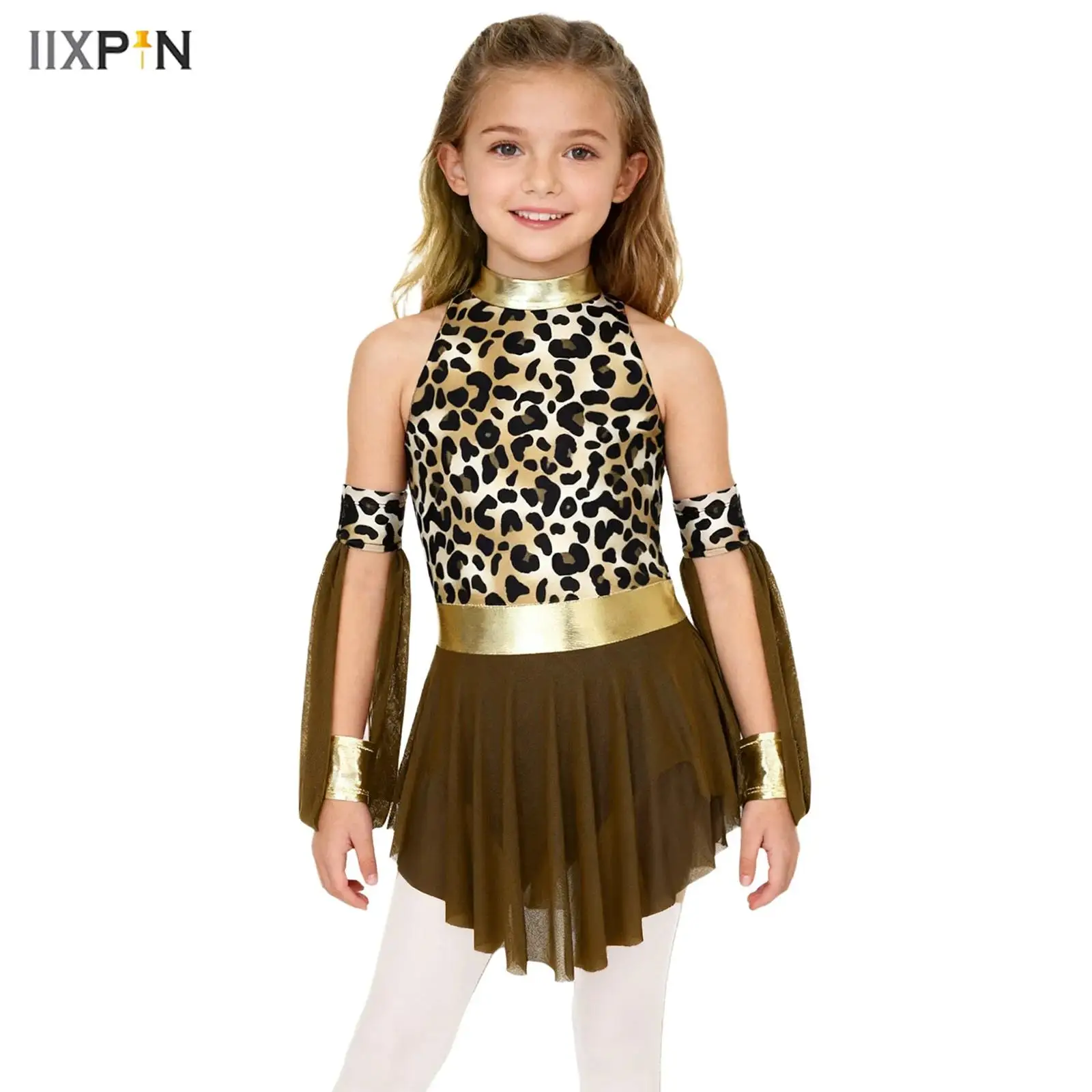 زي كهف ما قبل التاريخ للفتيات بطبعة الفهد فستان معدني بدون أكمام شبكي متجنب وأكمام طويلة متطابقة #1