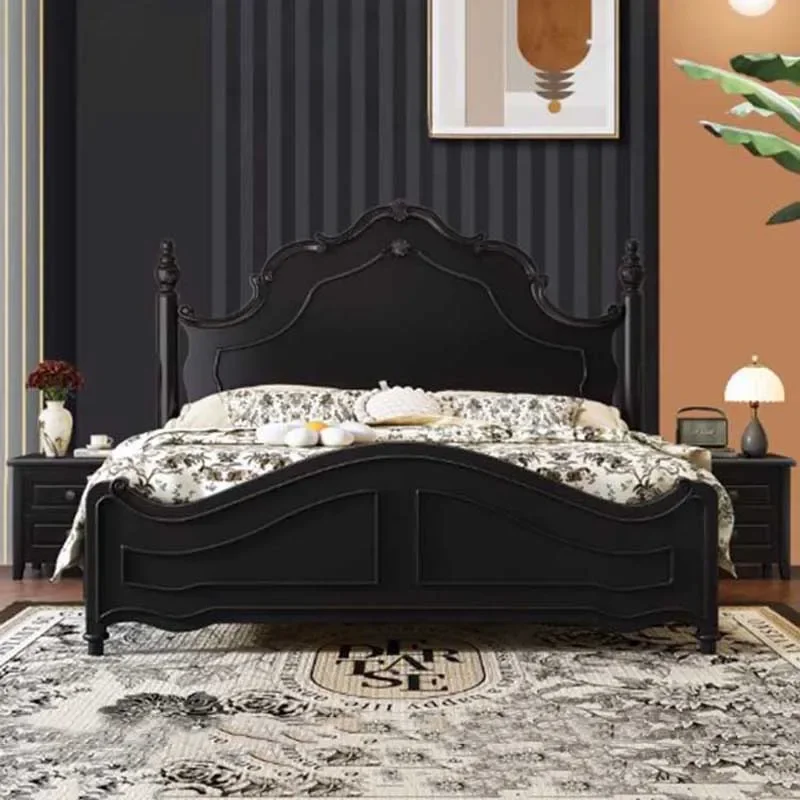 Queen French Style Double Bed Pretty American Modern Princess King Bed Comferter Black Cama Doble Luxury Bedroom Set Furniture