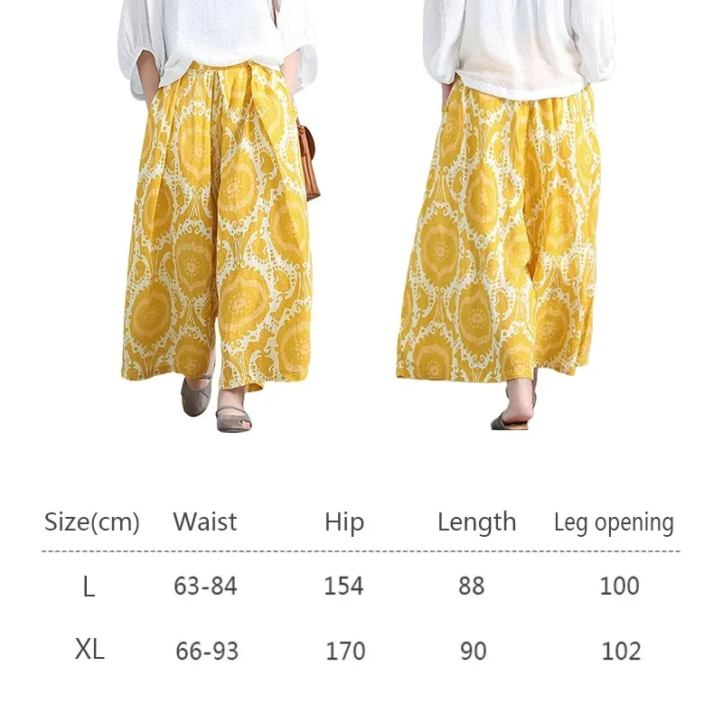 Yellow Artistic Loose Linen Wide-leg Pants for Women With Elastic Waist Casual Nine-point Pants All-match Skirt Pants