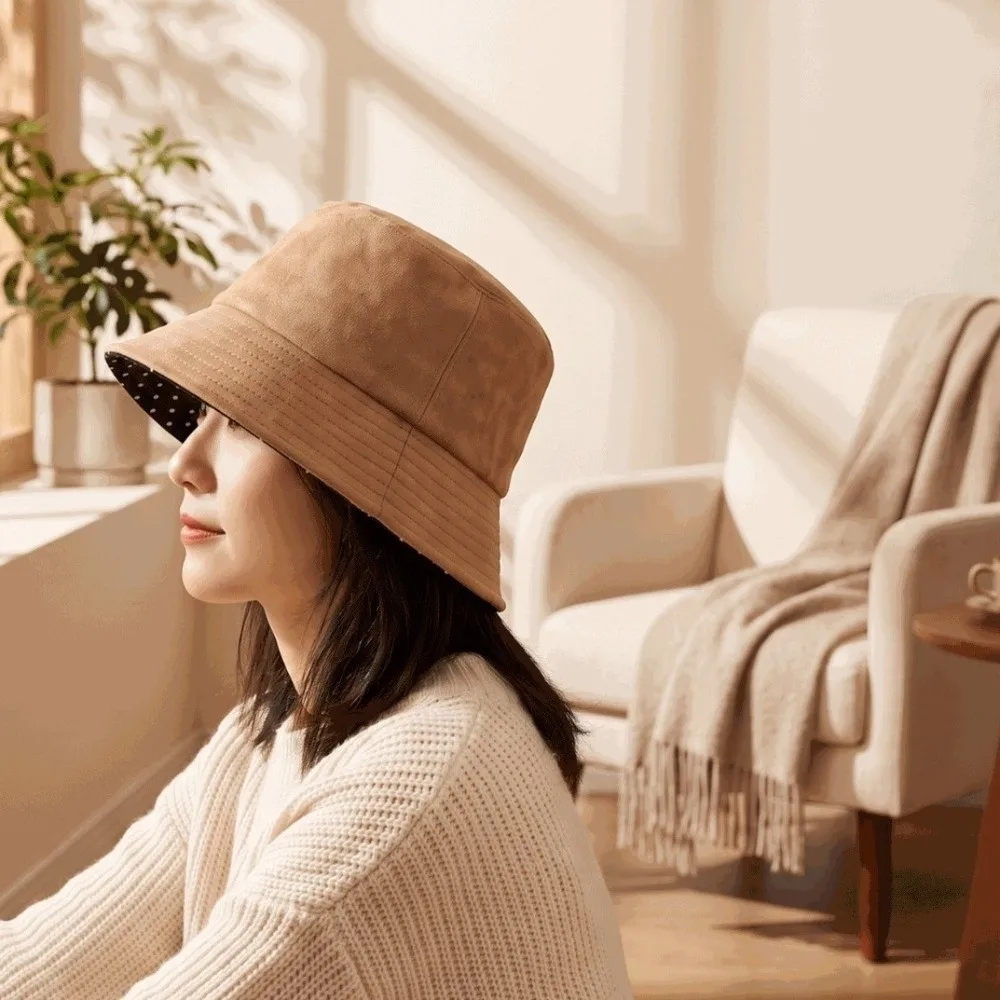 Simple Double-Sided Women Bucket Hat Polka Dot Elegant Fisherman Caps Trendy Korean Style Basin Hat Autumn and Winter