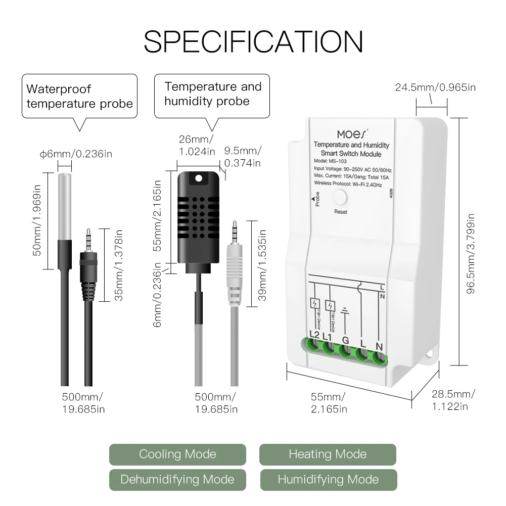 Módulo de interruptor inteligente de temperatura e umidade wi-fi, sensor de saída de relé duplo, aplicativo smart life, controlador sem fio, funciona com alexa e google