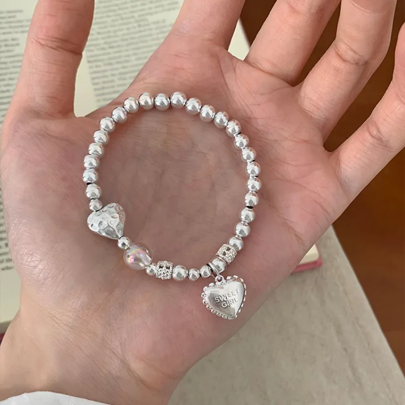

925 Sterling Silver Bracelets for Women String of Beads Accessories Trend Vintage Simple Cute Heart Pendant Party Jewelry