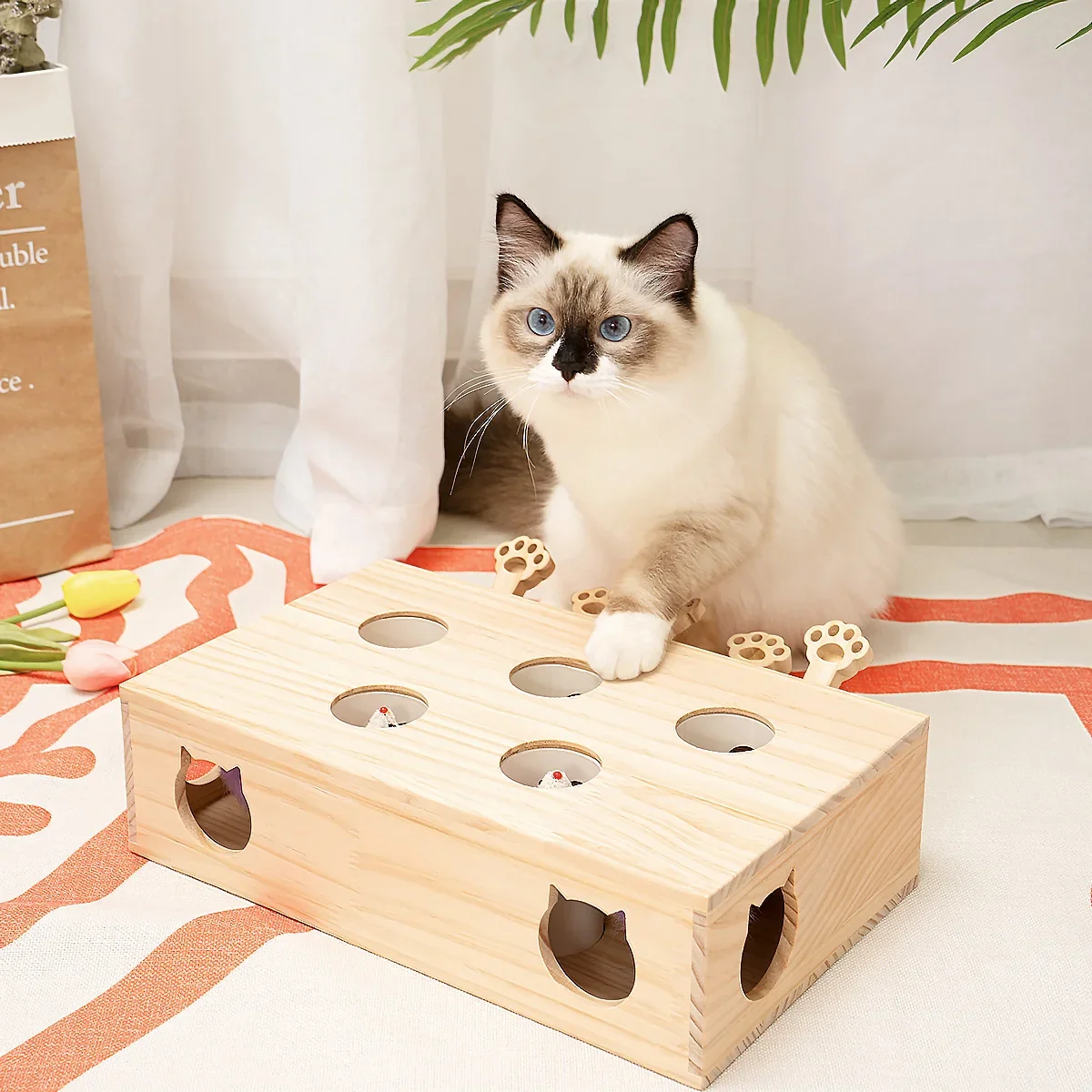 For MewooFun Cat Toys Interactive Whack-a-mole Solid Wood Toys for Indoor Cats Kitten Catch Mice Game US Stock Dropshippin WG320