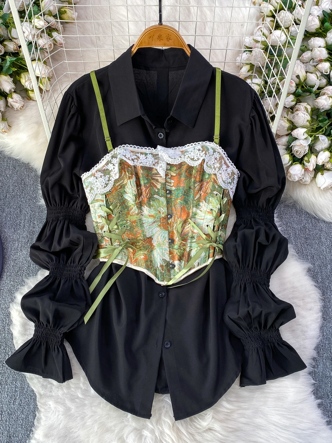 

Ретро-комплект: топ-бюстье с кружевными вставками и цветочной вышивкой, рубашка с рукавами-фонариками, модная рабочая одежда в корейском стиле, свободный крой