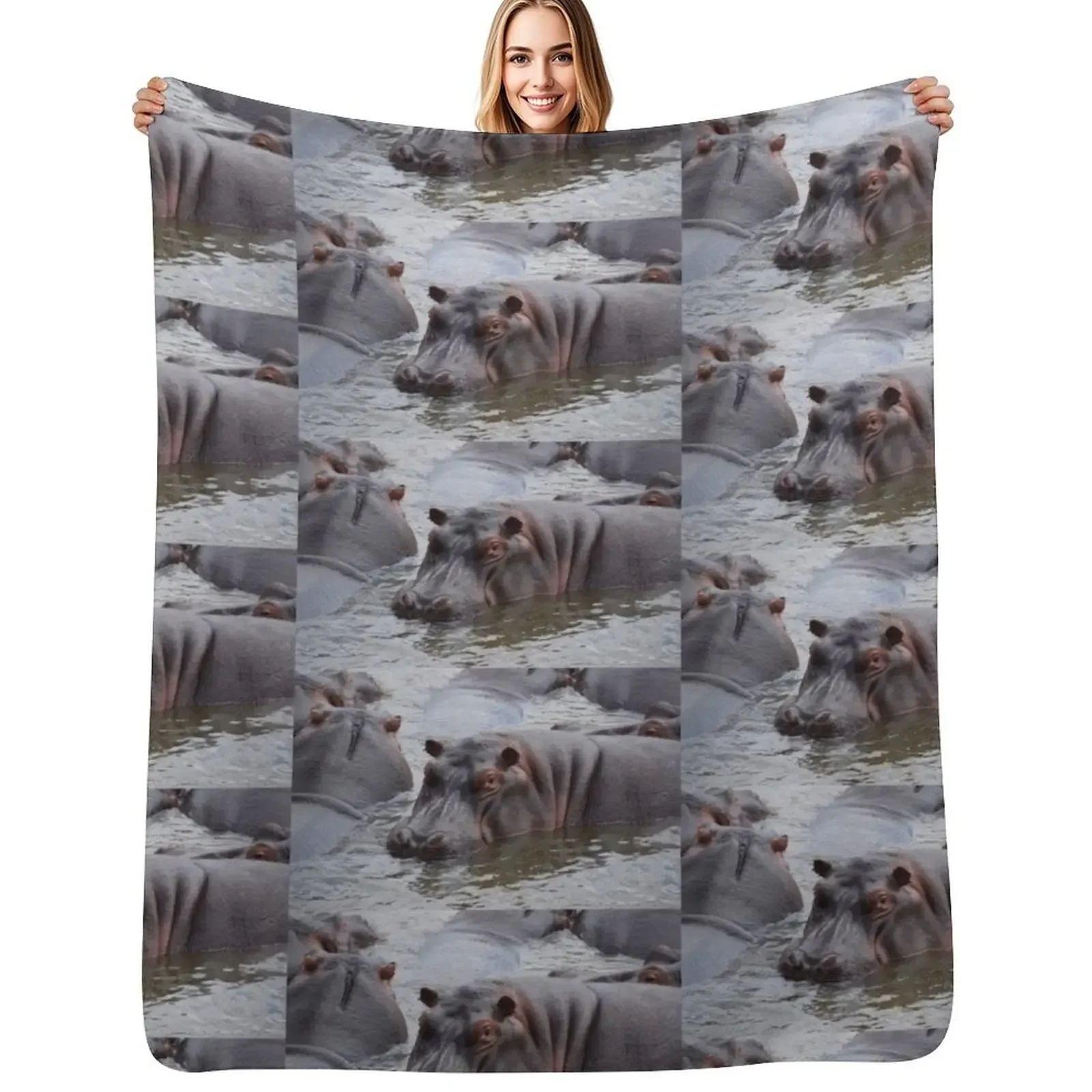 

Hippo in Water Throw Blanket Vintage Plaid funny gift decorative Blanket