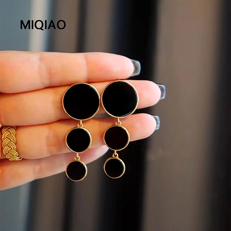 MIQIAO Natural Stone Black Agate Earrings Jewelry For Women 925 Sterling Silver Earrings Certified Gold Color Modian Gift