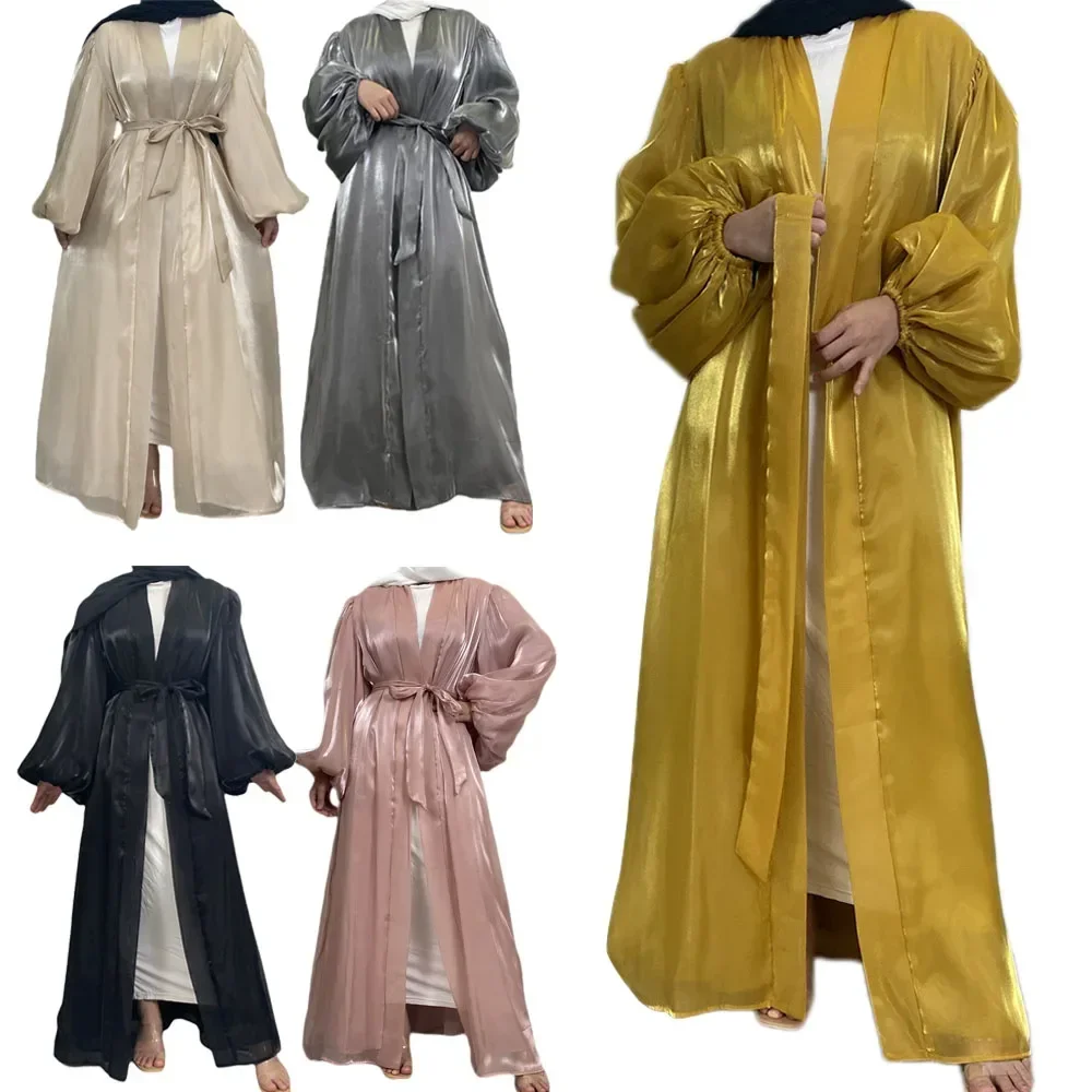 

Eid Mubarak Shiny Satin Open Abaya Kimono Femme Musulmane Puff Sleeve Muslim Hijab Dresses Islamic Abayas for Women Dubai Kaftan