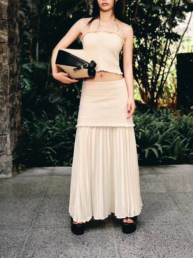 

Новый летний комплект 2025: вязаный топ-обертка и юбка, модный костюм с длинными брюками и круглым вырезом