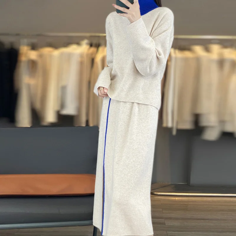 Autumn And Winter 100% Pure Wool Women'S Suit Loose And Stylish Color-Blocked Round-Neck Sweater With Slit Skirt Two-Piece Set