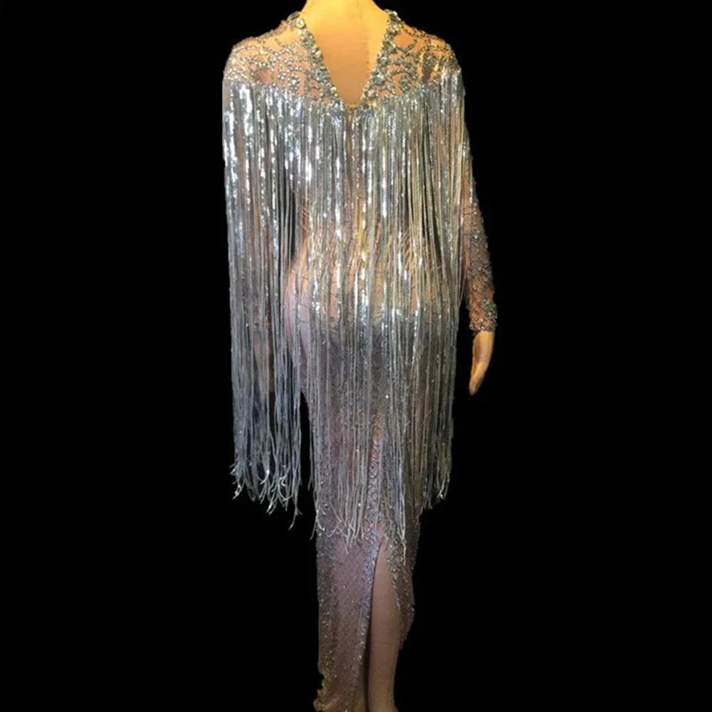 Robes longues à pampilles en cristal argenté pour femmes, diamants brillants, biscuits, longueur au sol, robes fendues à commande serrée, tenue de boîte de nuit