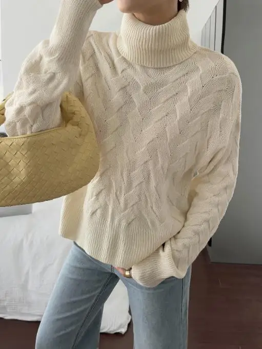 

Осенне-зимний повседневный однотонный шерстяной свитер с длинными рукавами для женщин, модный повседневный простой вязаный свитер с высоким воротом