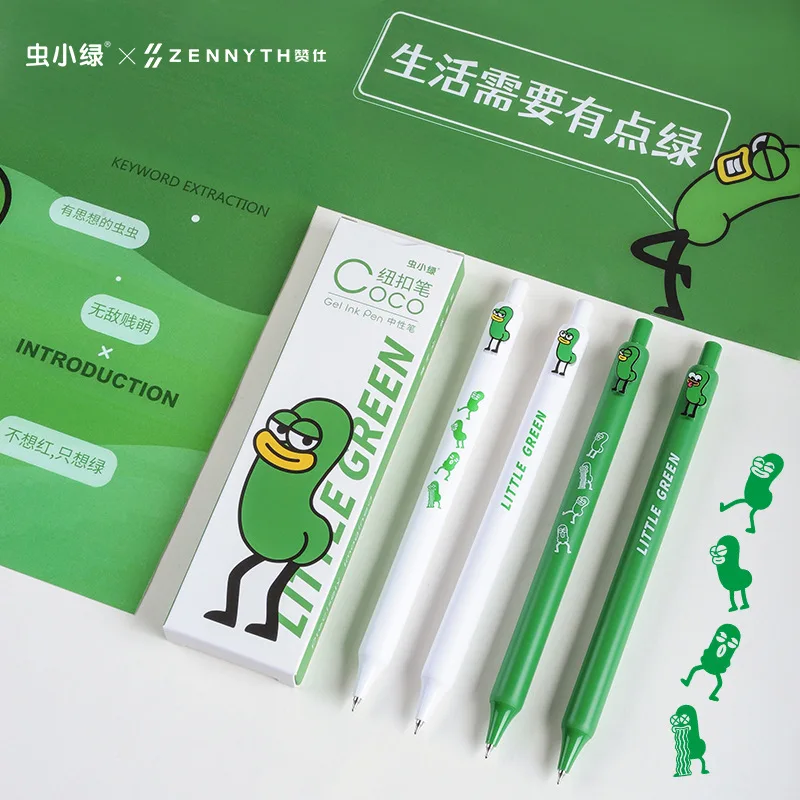 Kawaii Green Button Pen Press Neutral Pen 0.42mm CS Pen Tip Healing Funny Stationery Pens Quick Drying Practice With Black Pen