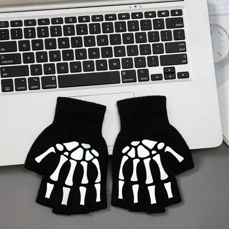 1 pair New Kids Halloween Skeleton Skull Half Finger Luminous Punk Gloves Winter Skull Fingerless Black Mitten