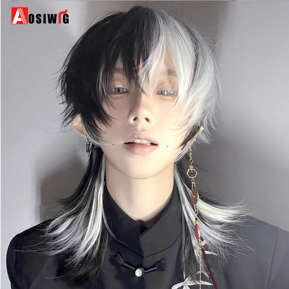 AOSI  Synthetic Short Straight Mullet Head Wigs with Bangs Anime Men Black White Gray Green Hair Wig for Daily Party Cosplay