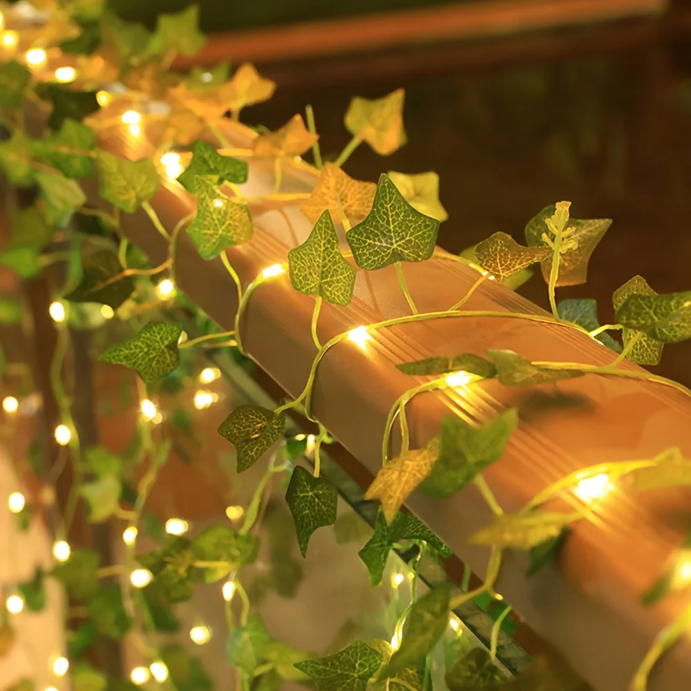 Luci a corda a foglia verde Luci solari a LED in rattan con edera e vite per la decorazione del cortile di campeggio, feste in giardino, matrimoni, terrazza