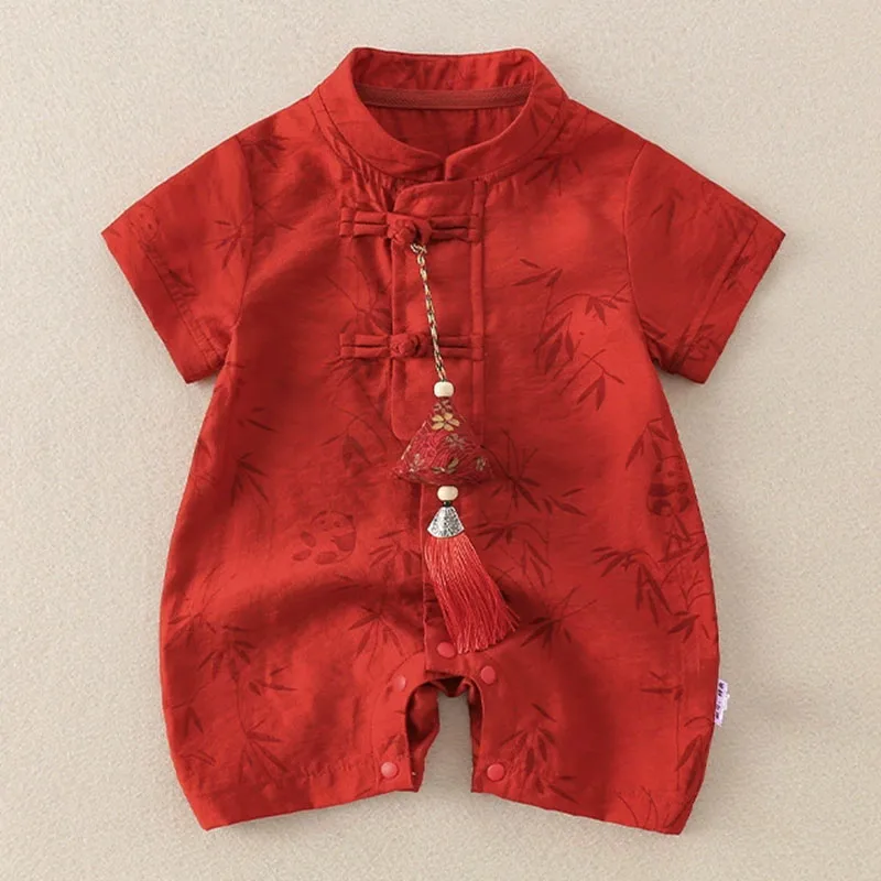 2026 Summer Jumpsuit Baby Bodysuits And One-Pieces Chinese Style New Year Red Print Short Sleeve Romper Newborn Boy Clothes B369