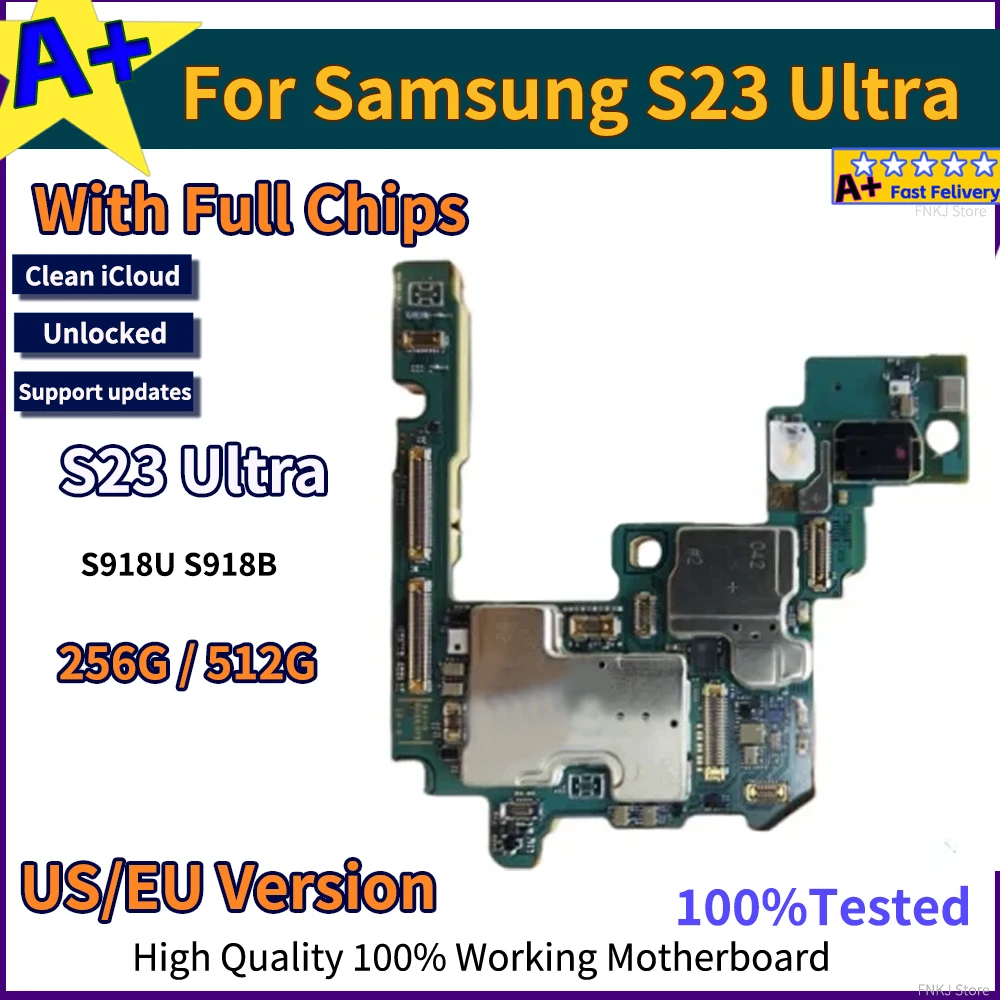 

Разблокированная материнская плата S23 Ultra 512G, рабочая для Samsung Galaxy S22Ultra S918U S918B, 256 ГБ, замена материнской платы с полным чипом