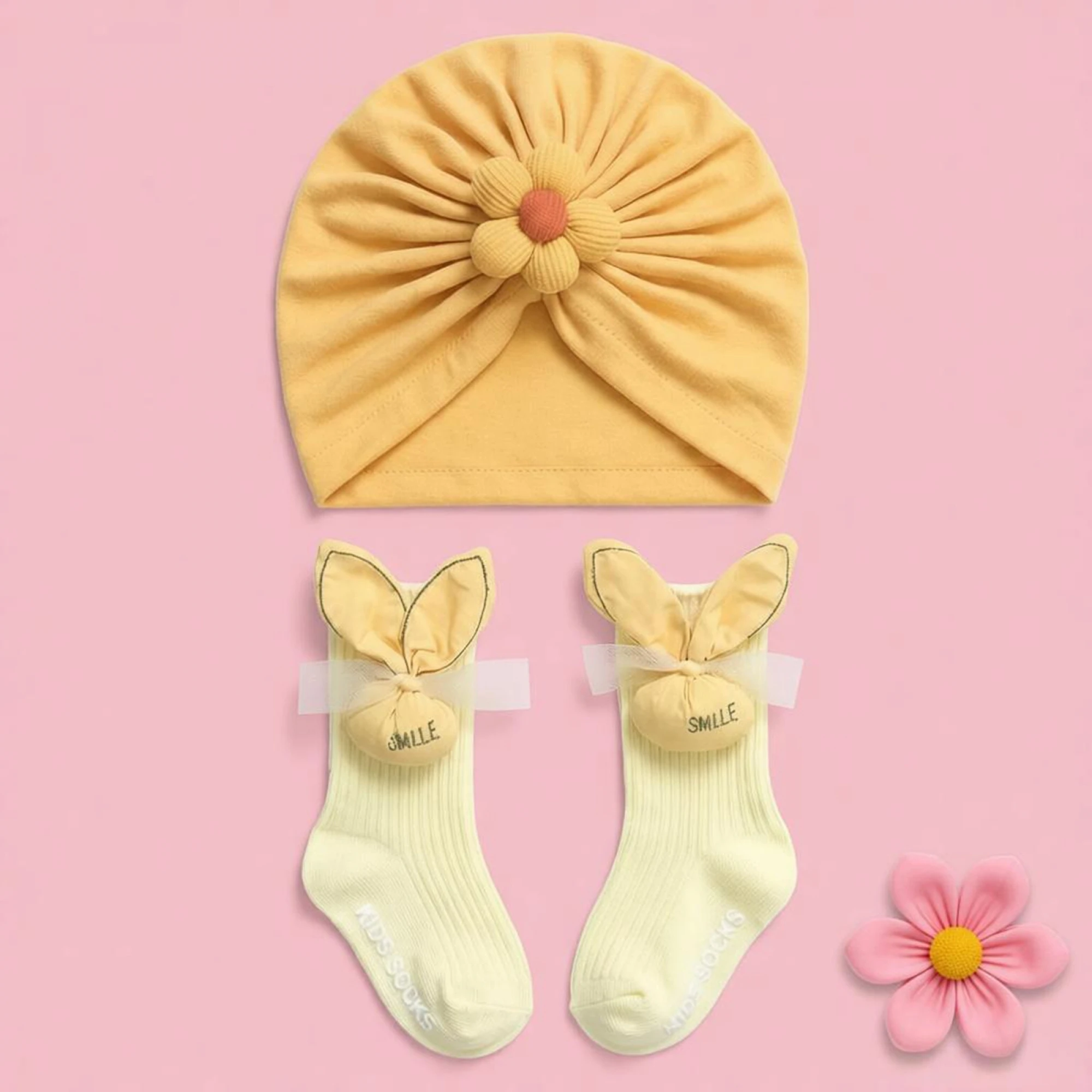 Baby Girl Socks and Cap Set Cute 3D Flower Turban Hat and Bunny Socks