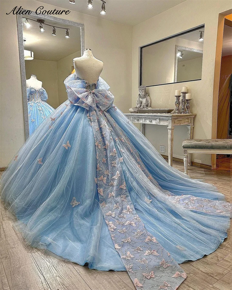 

Sky Blue Quinceanera Dress 2025 With Big Bow Bead Butterfly Appliques Sweet 16 Birthday Dress Luxury Ball Gown Customized