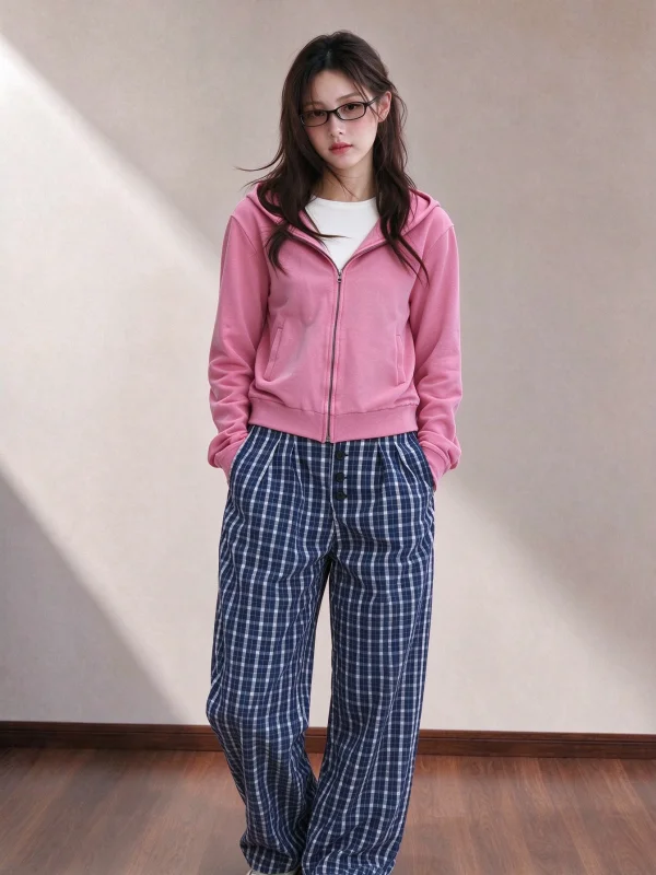 Washed out Pink Hoodie Jacket Women's Short Style Autumn Fashion Slim Fit Cardigan Top Durable Casual Wear for Young Ladies