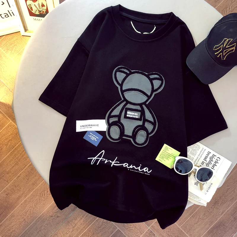Pure Cotton Short Sleeve T-Shirt Women's Brand Withdrawn Tag Removed Bear Print round Neck Commute Style Summer Top