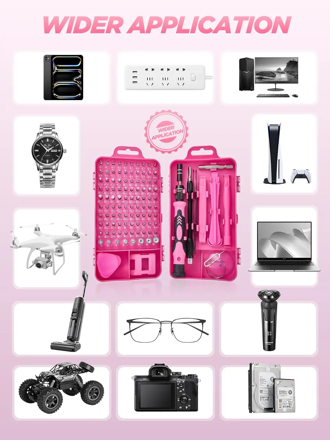 Zestaw wiertarki akumulatorowej 154 elementy, wiertarka elektryczna 21V z torbą do przechowywania, magnetyczny pas narzędziowy, różowy