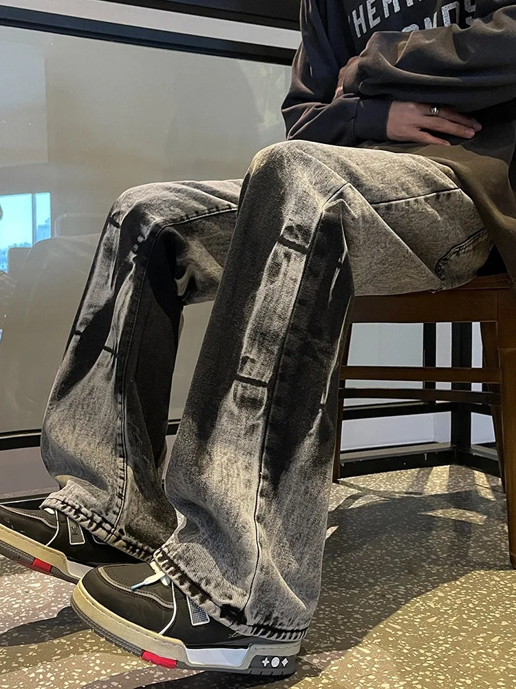 アメリカンレトロタイダイジーンズメンズスリムルーズストレートカジュアルパンツストリートスレハオメスモールエンスフレアナイフパンツ