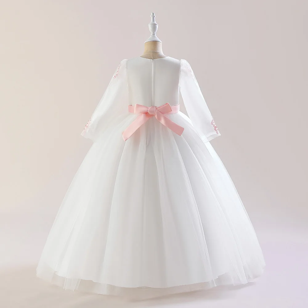 Fashion Baptism Bridesmaid Party Girls Dress Elegant Flower Wedding Birthday Princess Dresses Girl Long Sleeve Banquet Prom Gown
