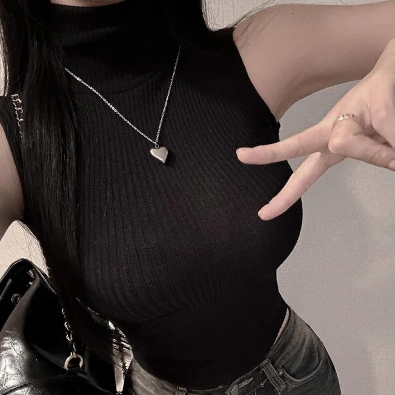 قميص نسائي ضيق بياقة عالية بدون أكمام، ملابس داخلية أنيقة بتصميم نحيف بلون واحد للشتاء #2