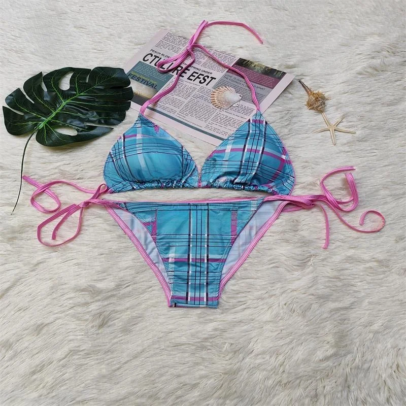 

Сексуальное бикини в клетку с вырезом-лодочкой, женский раздельный купальник для отпуска, с эффектом пуш-ап, с узором на груди, из полиэстера