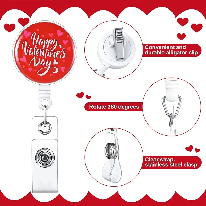 Kawaii วาเลนไทน์ Badge Reel พร้อมคลิปจระเข้ Retractable ID Card ผู้ถือป้าย
