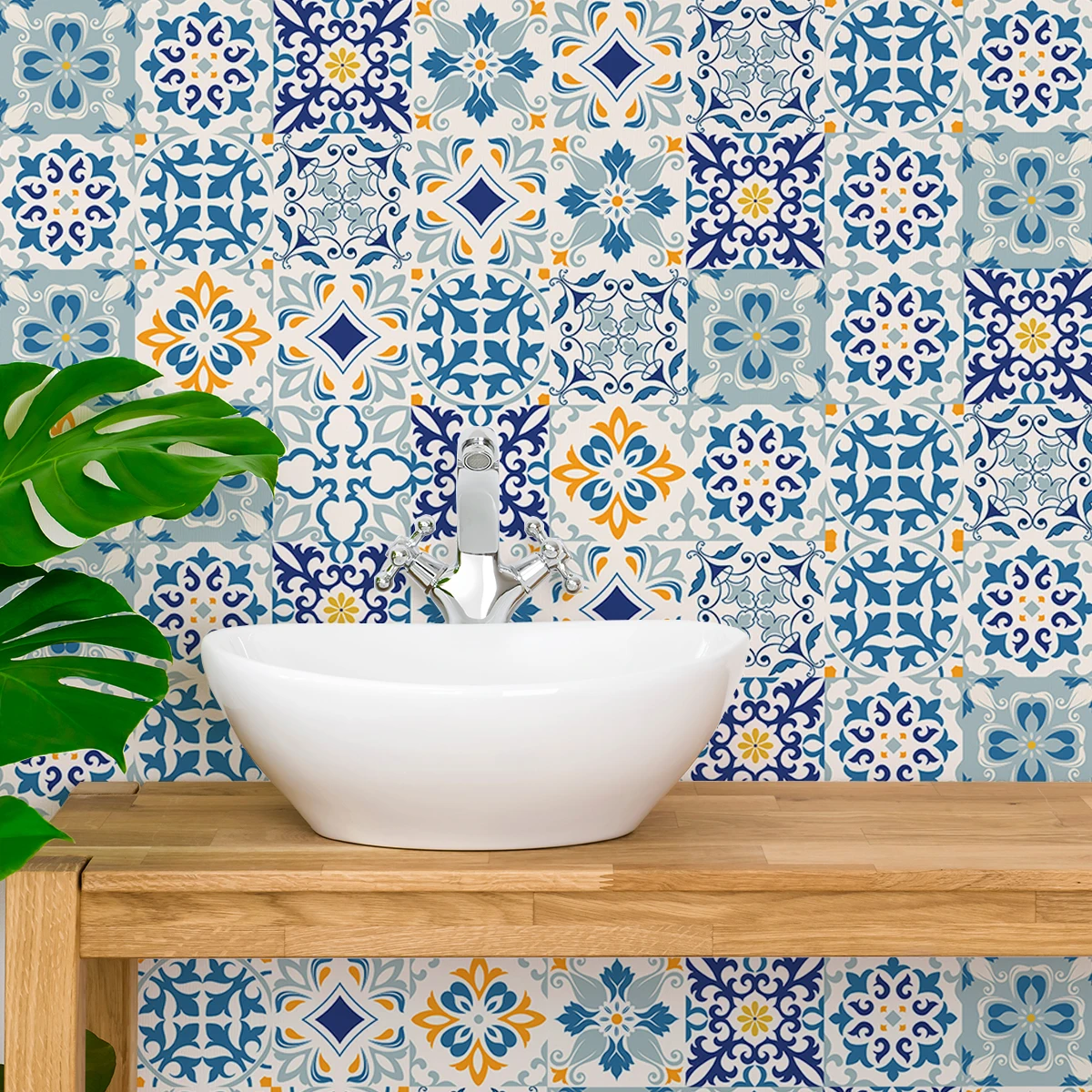 Moroccan Vintage Floral Tile Stickers, Self-Adhesive Moisture-Resistant, Removable Vinyl Home Decor for Kitchens, Bathrooms