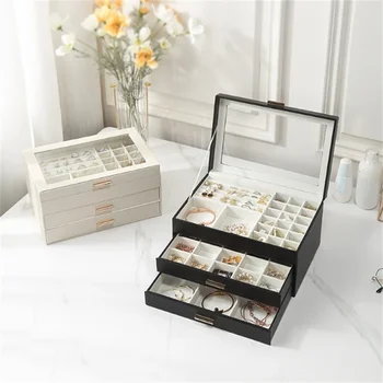 PU jewelry box organizer box drawer type lock jewelry storage box necklace ring ear with velvet lining jewelry storage box