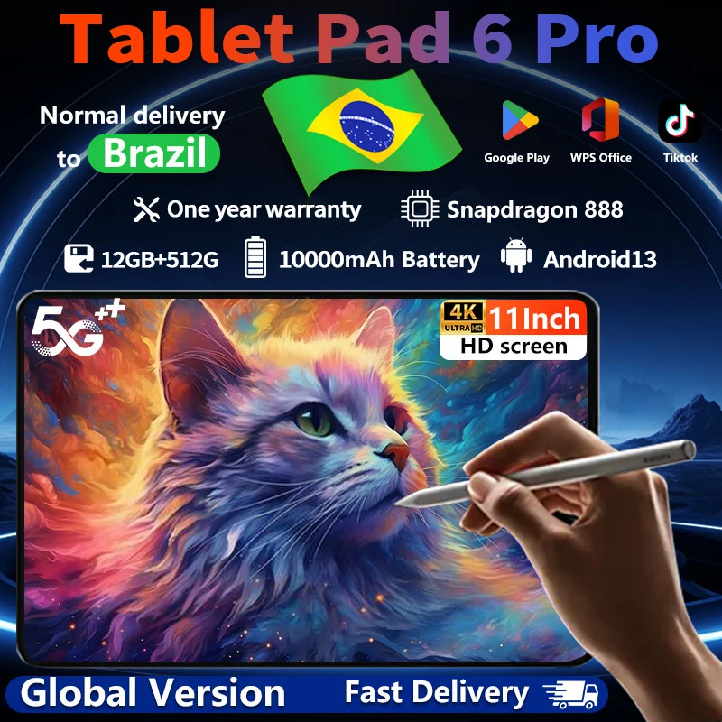 2024 Original HD 4K Pad 6 Pro 10000mAh Tablet PC Android 13 12GB+512GB Snapdragon 888 11inch 5G SD Dual SIM Bluetooth WiFi Tab