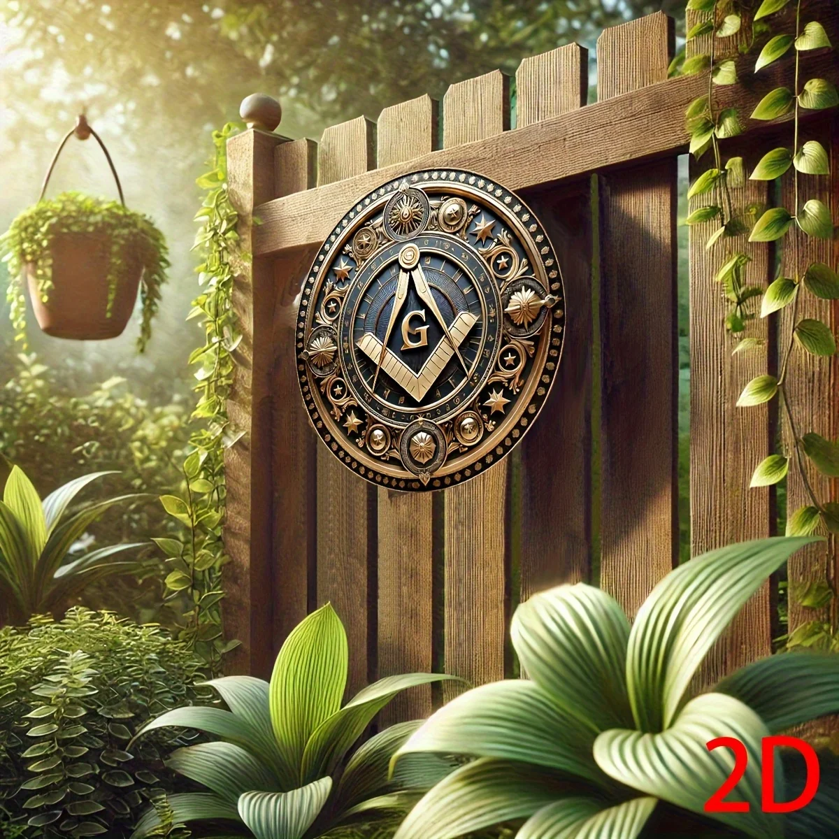 مسطح ثنائي الأبعاد، قطعة واحدة من ديكور الحائط الماسوني العتيق - رمز الماسوني الأسود والذهبي مع التروس والنجوم وإكليل الغار - ألومي شديد التحمل
