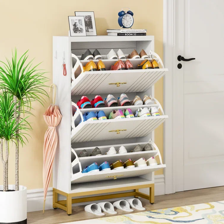 Traditional Entryway Cabinet with 3 Flip-Drawers Rectangle Shoe Rack Shoe Storage Cupboard Organizer Hallway Racks Organizer