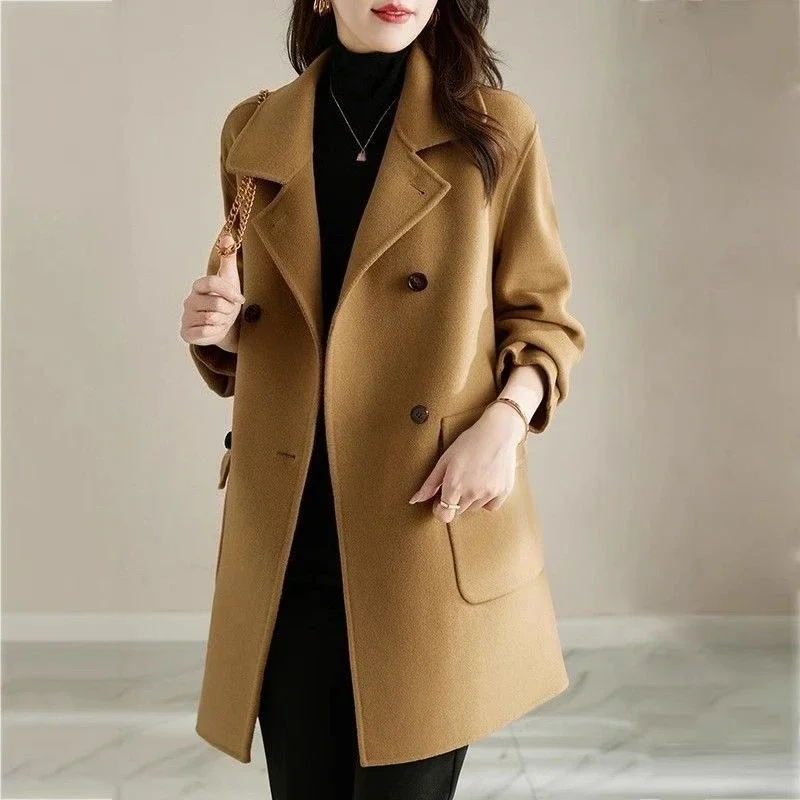 

Autumn Winter 2025 Women Wool Coat Korean Inspired Slim Silhouette Mid Length Thick Fabric Stylish Warm Overcoat for Office