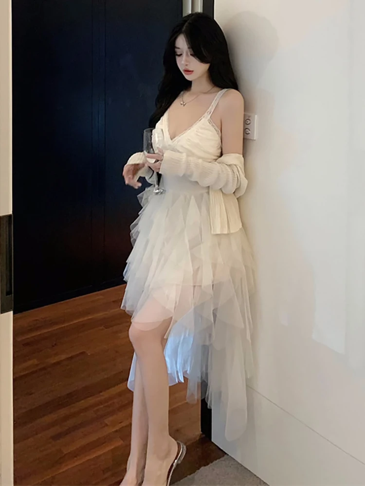 RORORIRI Desire V-neck Lace Stitch Mesh Tank Dress Women Asymmetric Ruffle Puffy Trailing Princess Dress Birthday Party Clothes